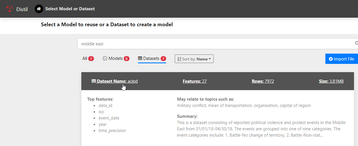 Choose a dataset to begin selecting which features to include in your model